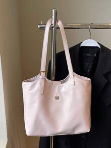 Solid Color Soft Tote Bag With Cute Plush Doll Buckle, Adjustable Strap, Casual Large Shoulder Bag For Women, Travel, School, Outdoor, Shopping, Daily Use, Popular Versatile Accessory - Pink - View 4