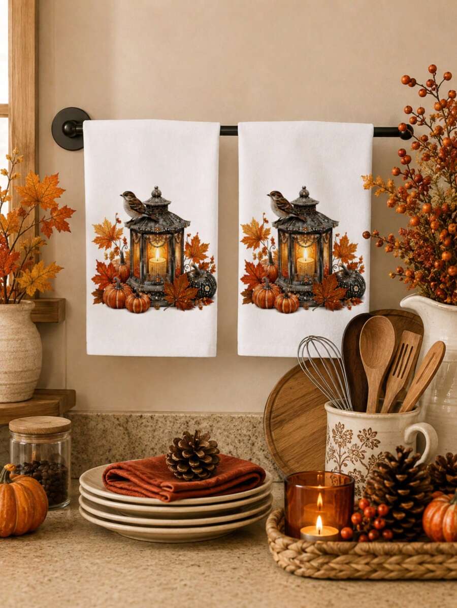 2pcs/4pcs Autumn Thanksgiving Kitchen Towels, Vintage Lantern Bird Pumpkin Maple Leaf Print, Harvest Home Decor Hand Towels - Multicolor - View 1