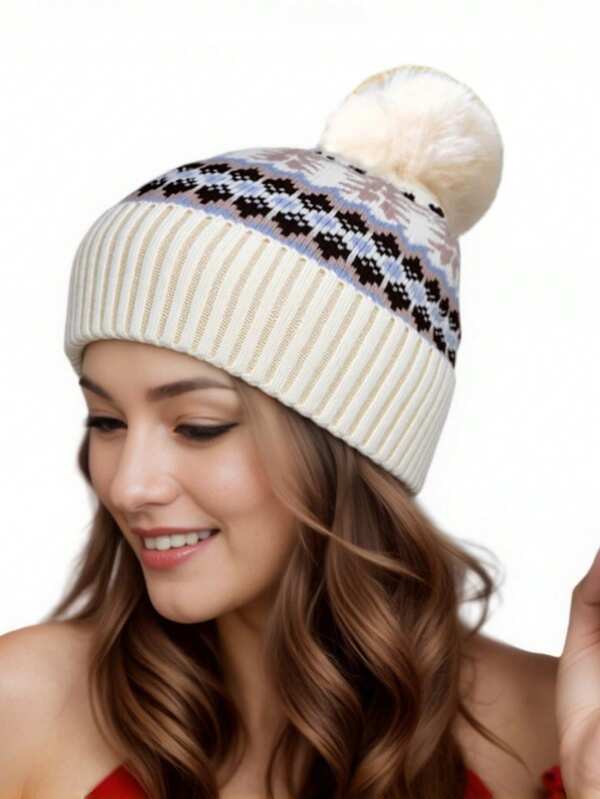 Gorro de punto para mujer otoño/invierno, gorro de punto navideño de copos de nieve grueso con forro térmico cálido de alta calidad y a la moda