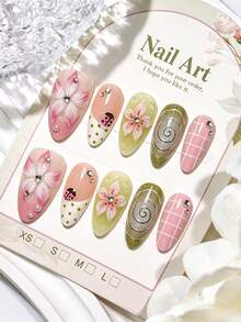 10pcs Y2K Wearable Nails, 3D Flower, Ladybug & Plaid Pattern, Medium Almond Shape Acrylic Nails, Suitable For Summer Vacation & Daily Gatherings - Multicolor - View 2