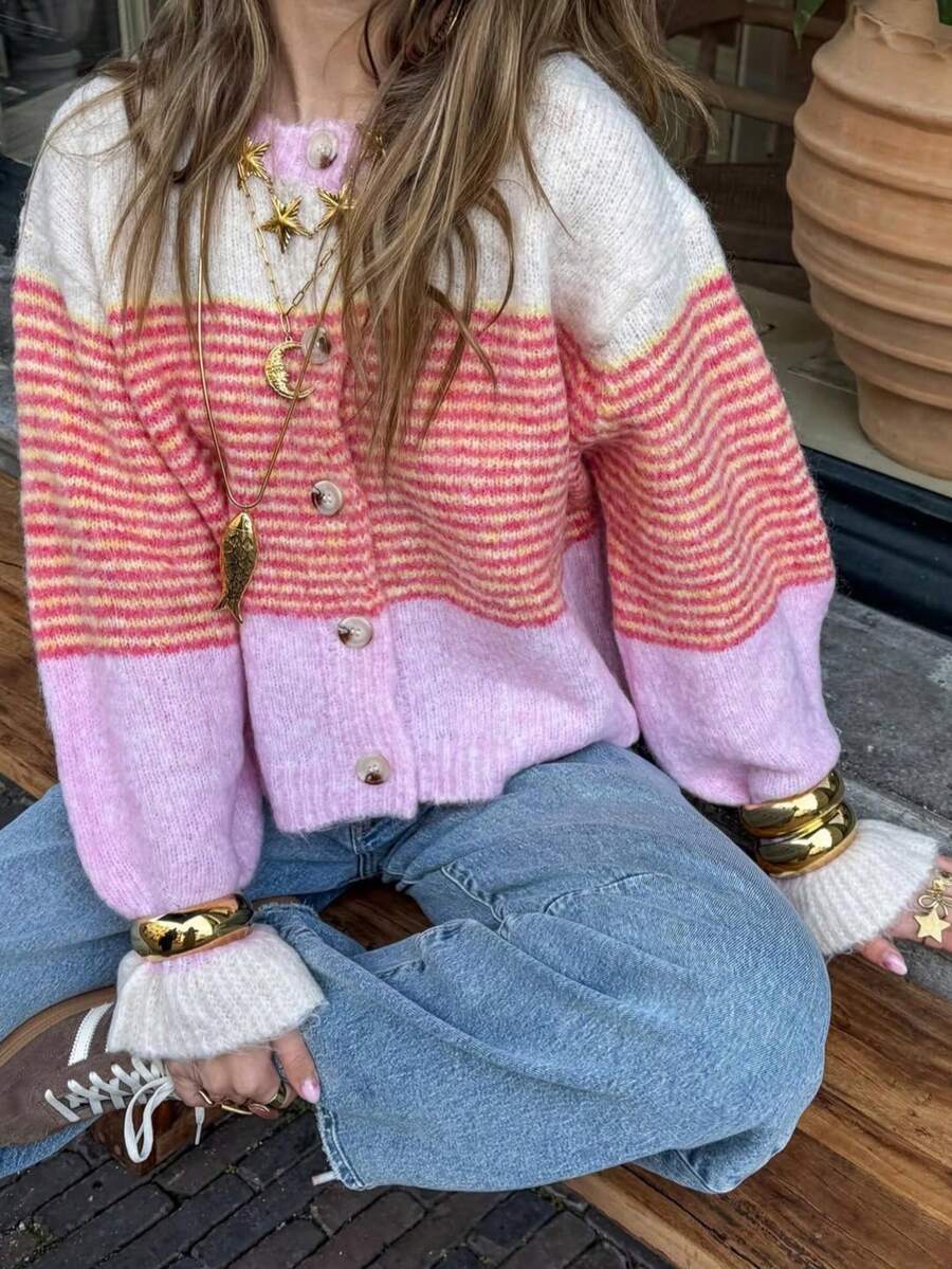 Just Masa Women's Fall Winter Casual Y2K Contrast Stripe Sweater,Ruffle Balloon Sleeve Button Up Sweater Cardigan,For Daily Wear,Going Out,Christmas - Pink - View 1