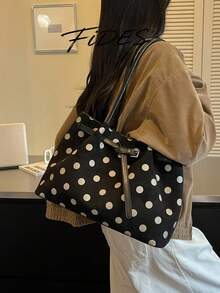1PC New Women's Polka Dot Print PU Large Capacity Tote Bag, Belt Buckle Design Shoulder Bag, Simple Commute Large Bag, Suitable For Daily Outings, Shopping, Commuting, Versatile Women's Handbag/Shoulder Bag - Black - View 8