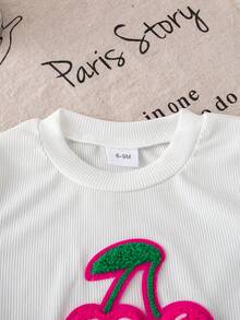 Autumn/Winter Baby Girl Cute Casual Cherry & Little Octopus Loose Top & Loose Straight Leg Denim Jeans Cherry Embroidery Set - White - View 6