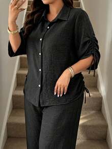 Women's Plus Size Spring/Summer Drawstring Tie Sleeve Minimalist Commuter Blouse - Black - View 2
