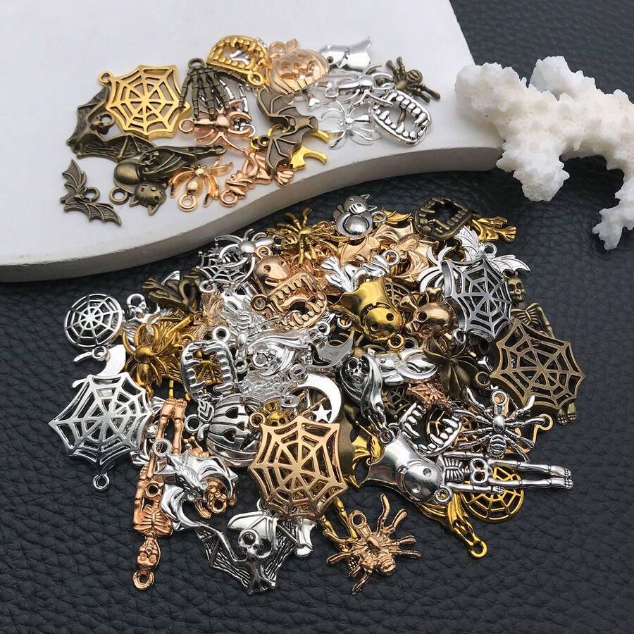 20/30/100pcs Antique Halloween Mixed Charms Skeleton Bat Pumpkin Spider Web Ghost Alloy Pendant For DIY Bracelet Necklace Jewelry Making Findings
