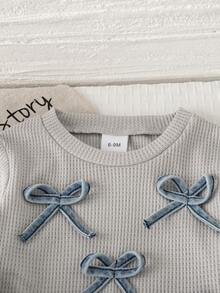 Autumn/Winter Baby Girl Cute Casual Versatile Bowknot Decor Waffle Knit Long Sleeve Top & Elastic Waist Washed Denim Wide Leg Pants Outfit For Outing And Commuting - Light Grey - View 4