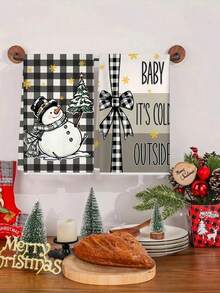 1pc/2pcs Snowman Black & White Plaid Bow Design Kitchen Towel, Christmas Daily Tea Towel, Christmas Baking Dish Cloth Home Decor - Multicolor - View 2