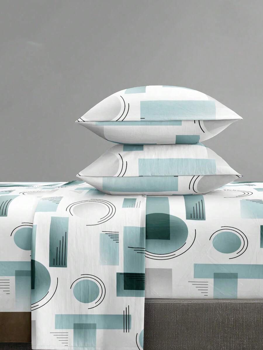 4-Piece White & Blue Geometric Pattern Bedding Set, Easy-Care Soft Bed Sheet Set (1 Flat Sheet + 1 Fitted Sheet + 2 Pillowcases), Fitted Sheet Set, Suitable For King, Queen, Full, Twin, Deep Pocket Design, Fits Up To 11.8 Inch Mattress, Soft & Breathable, Wrinkle-Resistant, Back To School Dorm Bedding - Multicolor - View 1