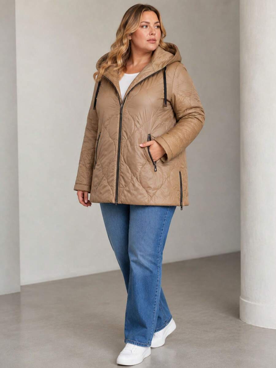 Autumn Jacket With A Detachable Hood, Straight Cut, Length Below The Hips. - Khaki - View 1