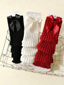 3 Pairs Girls Bowknot Decorated Vertical Striped Spring Autumn Leg Warmers, Knitted Leg Warmers Slouch Leg Warmers - Multicolor - View 7