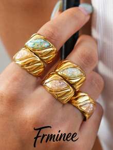 Frminee 5pcs/1pc Summer Ocean Style 18K Gold Plated Stainless Steel Open Rings, Suitable For Daily Wear, Beach Vacation Accessories, Holiday Gift (Natural Shells May Have Slight Color And Texture Variations) - Multicolor 6 - View 2