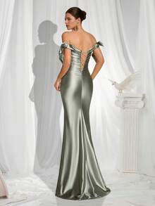 VIPGIRL New Silver Strapless Design Satin Fabric Elegant High-End Luxury Women's Formal Evening Gown - Silver - View 2