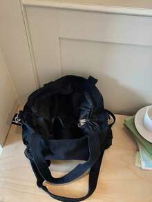 Tote Bag With 3D Star Embossed Design And Detachable Round Small Pouch, Long And Short Dual Shoulder Straps, Hand-Carry And Crossbody 2-In-1, Loose Soft Slouchy Fit, Fits Books, Water Bottles And Other Personal Items, Suitable For Work, School, Commuting, Shopping, Strolling And Short Trips - Black - View 4