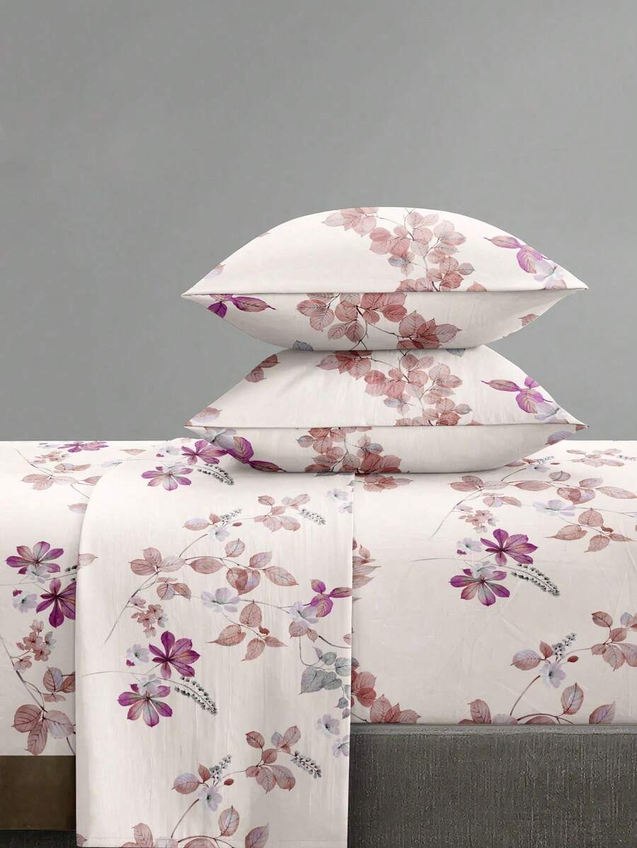 4-Piece Plant Floral Leaf Pattern Bedding Set, Easy Care Soft Bedding Set (1 Flat Sheet + 1 Fitted Sheet + 2 Pillowcases), Knitted Bed Sheet Set Suitable For King/Queen/Full/Twin Size, Fits 11.8 Inch Deep Mattress, Soft Breathable Wrinkle-Resistant - Multicolor - View 1