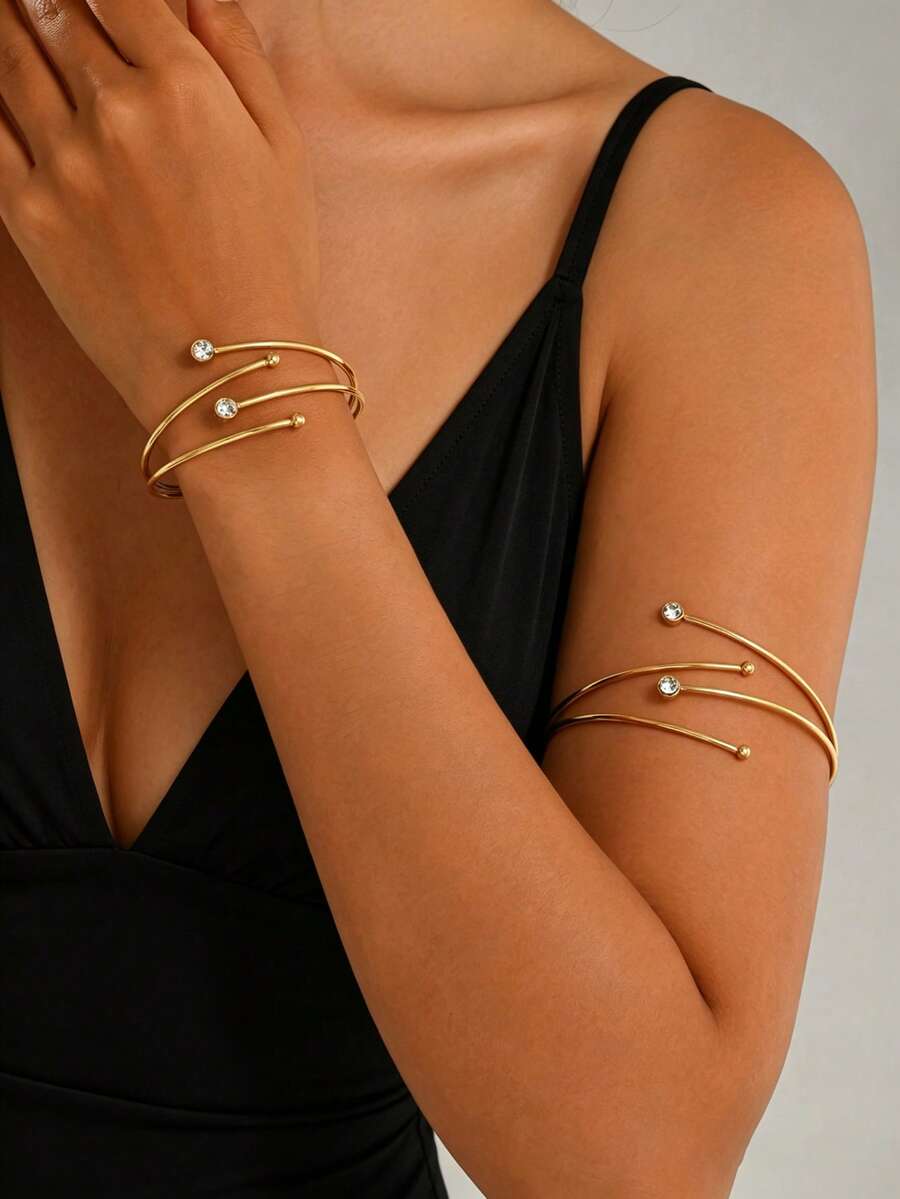 1 Set 2pcs Minimalist Versatile Creative Line Micro-Inlaid Rhinestone V-Shaped Open Adjustable Bangle Bracelet Jewelry Set Suitable For Women's Daily, Vacation And Party Wear - Gold - View 1