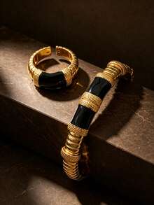 Letingsha 2pcs Fashion Gold-Plated Black Enamel Bamboo Joint Bracelet & Open Ring Set, Suitable For Women's Daily, Party, Wedding Wear - Black - View 9