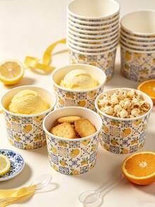 Lemon & Tile Pattern Ice Cream Cups, Mediterranean Floral Design, Disposable Dessert Bowls, Suitable For Cold Drinks, Frozen Yogurt, Ice Cream, Pudding And Snacks, Perfect For Adult Summer Vacation Parties, Wedding Catering, Food Market Vendors And Snack Service - Multicolor - View 2