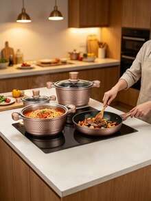 11 Pcs Champagne Aluminum Cookware Set, Glass Lids With Heat‑Resistant Handles, Comes With 2 Accessories, Compatible With Gas And Induction Cooker, Suitable For Making Soup, Stewing And Frying All Kinds Of Ingredients In Household Kitchen - View 3