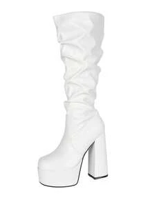 New Women's Chunky Heel Waterproof Platform Slender Leg Elastic Ruched Knee-High Fashion Boots - White - View 8