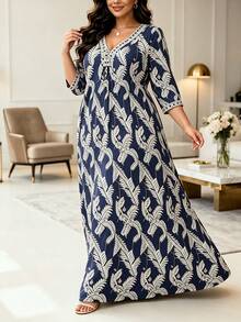 Gaun Motif Longgar Warna Kontras Leher V Terlaris Terbaru Musim Semi/Gugur - Biru laut - View 5