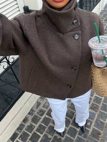 Women's Autumn/Winter New European & American Style Fashion Minimalist Versatile Stand Collar Stand Collar Wool Short Jacket Brown - Brown - View 4