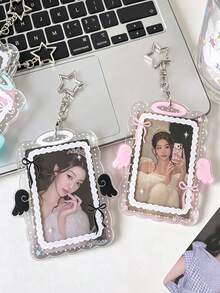 New Minimalist Design Girl Heart Transparent Angel Polka Dot 3-Inch Card Holder, Idol Photo Card Storage Pendant With Wavy Lace Bow, Fan Card Protective Sleeve Keychain, INS Style Angel Wings Acrylic Hard Card Holder, 3-Inch Small Card Film Card Sleeve, Student Pendant Cover - Multicolor - View 1