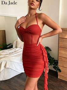 Elegant French Halter Twist Front Mesh Corset Ruched Draped Ruffle Bodycon Mini Dress Slim Fit Going Out Party Festival Formal Club Outfit Glam - Red - View 5