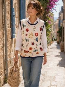 Women's Lightweight Knitted Tank Top, Insect & Floral Print, Casual Round Neck, Suitable For All Seasons, Autumn Women's Vacation Outfit - Apricot - View 5