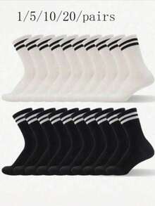 20 Pairs Women's Black & White Solid Color Double Stripe Socks, Women's Socks, Women's Compression Socks, Boot Socks, Sports Shoes, Couple Multi-Functional Breathable Mid-Calf Socks - Suitable For All Seasons, Autumn Clothing, Perfect For School, Daily Outdoor Leisure, Sports, Outdoor Picnic And Other Activities, Halloween, Christmas And Valentine's Day Gifts - Black and White - View 6