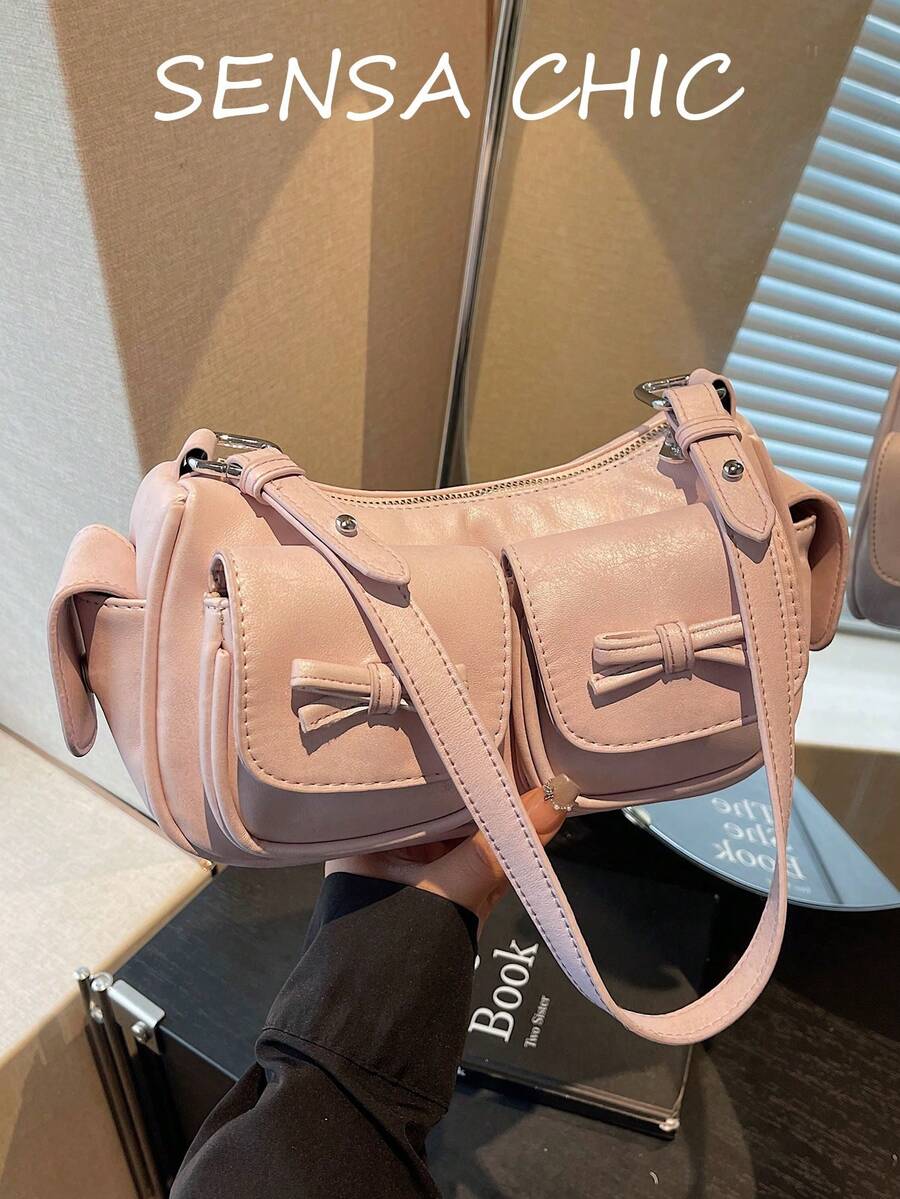 Shoulder Bag With Bow Knot Patch Pocket Decor, Multi-Pocket Layered Storage For Small Items, Zipper Closure, Baguette Underarm Bag For Daily Outings, Dates, Commuting, Travel, Versatile And Personalized Adjustable Strap Crossbody Small Bag