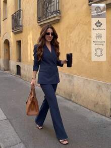 2pcs/Set French Elegant Daily Commute Business Old Money Style Date Waist-Cinching 3/4 Sleeve Square Neck Top + Straight Pencil Long Skirt - Navy Blue - View 1