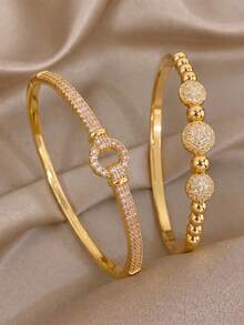 2Pcs Women Gold Stackable Bangle Set, Stainless‑Steel, Clover Hollow & Bead Rhinestone, Hypoallergenic Jewelry For Daily & Party Gift. - Gold - View 10