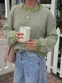 Women's Autumn/Winter Vintage Green & White Striped Round Neck Knit Sweater, Soft Fluffy Fabric, Contrast Ribbed Collar & Cuffs, Loose Drop Shoulder Fit, Lazy Vibe, Versatile For Daily Commute, Gentle & Flattering - Green - View 3