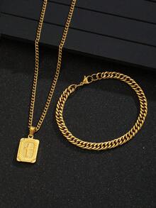 2pcs/Set Gold Cross Pendant Necklace Curb Chain Bracelet Hip Hop Jewelry For Boys Daily Streetwear Party Holiday Gift Fashion Accessories - Gold - View 3