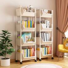 1pc White Mobile Storage Cart, Plastic Practical Storage Rack With Wheels, Adjustable Shelf Unit, Space-Saving For Living Room, Bedroom, Dorm, Office - Easy To Assemble, Sturdy Structure, Compact Design, Independent Stand, Tilted Shelves, Multi-Purpose - White - View 5