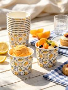 Lemon & Tile Pattern Ice Cream Cups, Mediterranean Floral Design, Disposable Dessert Bowls, Suitable For Cold Drinks, Frozen Yogurt, Ice Cream, Pudding And Snacks, Perfect For Adult Summer Vacation Parties, Wedding Catering, Food Market Vendors And Snack Service - Multicolor - View 4