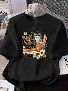 Plus Size Women's Casual Leopard Print Apple Graphic Round Neck Short Sleeve T-Shirt Top For Spring/Summer/Autumn - Black - View 6