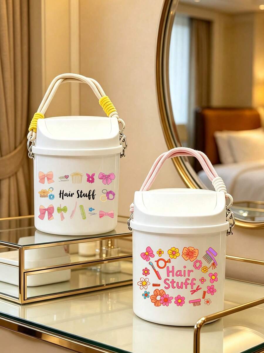 Stylish Cosmetics Print Swing Lid Car Trash Can, Detachable Hanging Rope,Multifunctional Desktop Sundry Storage Bucket, Makeup Brush Holder, Car Interior Decor, Back To School Holiday Gift,Household Essentials And Portable Travel Containers - Multicolor - View 1