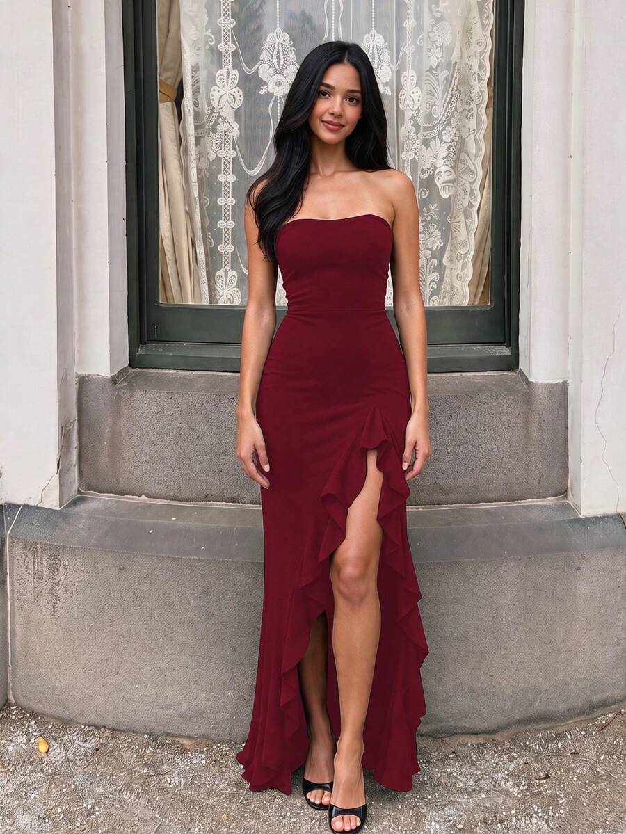 Women's Sexy Solid Color Ruffle Hem Elegant Party Evening Vacation Summer Strapless Dress Wedding Spring Fall - Burgundy - View 1