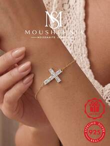 MOUSHEENIA Shiny Rectangular Cut Moissanite Cross Pendant Bracelet, 925 Sterling Silver Adjustable Delicate Horizontal Cross Chain Religious Jewelry For Women - Cross - View 2