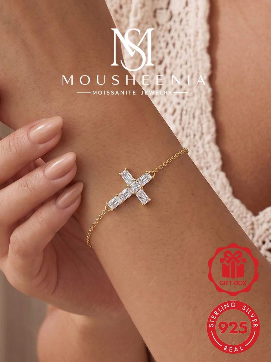 MOUSHEENIA Shiny Rectangular Cut Moissanite Cross Pendant Bracelet, 925 Sterling Silver Adjustable Delicate Horizontal Cross Chain Religious Jewelry For Women
