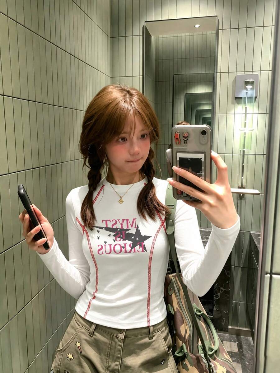 Star & Letter Print Y2K Square Shoulder Long Sleeve T-Shirt For Women, American Retro Slimming Unique Cropped Top - White - View 1