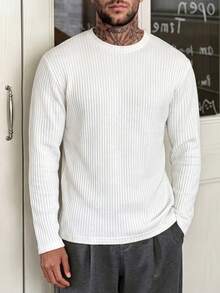 Men Autumn Winter Minimalist Ribbed Knit Top, Long Sleeve Crew Neck Slim Fit Pullover, For Daily Casual Wear - Beige - View 7