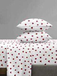 4-Piece Black Heart Butterfly Floral Pattern Bedding Set, Includes 1 Fitted Sheet, 1 Flat Sheet And 2 Pillowcases (Pillow Inserts Not Included). Suitable For King, Queen, Full And Twin Size Beds, Fitted Sheet With Deep Pocket Design, Pillowcases Up To 11.8 Inches. Soft And Breathable, Wrinkle-Resistant - Red and White - View 1