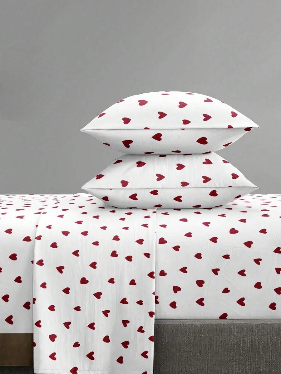 4-Piece Black Heart Butterfly Floral Pattern Bedding Set, Includes 1 Fitted Sheet, 1 Flat Sheet And 2 Pillowcases (Pillow Inserts Not Included). Suitable For King, Queen, Full And Twin Size Beds, Fitted Sheet With Deep Pocket Design, Pillowcases Up To 11.8 Inches. Soft And Breathable, Wrinkle-Resistant - Red and White - View 1