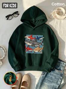Autumn Girls Shark Print Hoodie Long Sleeve Black Blue Stripe Y2K - Dark Green - View 2