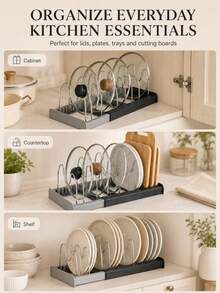 1 Set Expandable Pot And Pan Organizer With 7 Adjustable Dividers, Rustproof Stainless Steel Cookware Rack With Non-Slip Silicone Pads For Pot Lids, Frying Pans, Baking Sheets, Trays And Cutting Boards, Kitchen Cabinet And Countertop Storage - Black - View 6