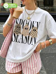 Women's Plus-Size Halloween Ghost-Print T-Shirt. Lightweight And Breathable With A Crew Neck, Perfect For Halloween Parties. - White - View 4