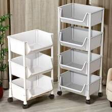 1pc White Mobile Storage Cart, Plastic Practical Storage Rack With Wheels, Adjustable Shelf Unit, Space-Saving For Living Room, Bedroom, Dorm, Office - Easy To Assemble, Sturdy Structure, Compact Design, Independent Stand, Tilted Shelves, Multi-Purpose - White - View 9