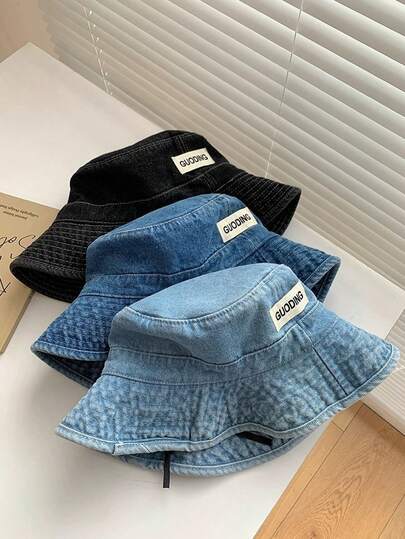 1pc Women's Washed Denim Bucket Hat, Japanese Style Versatile Patchwork Design, Spring/Summer Outdoor Sun Protection Hat, Student Warm Hat